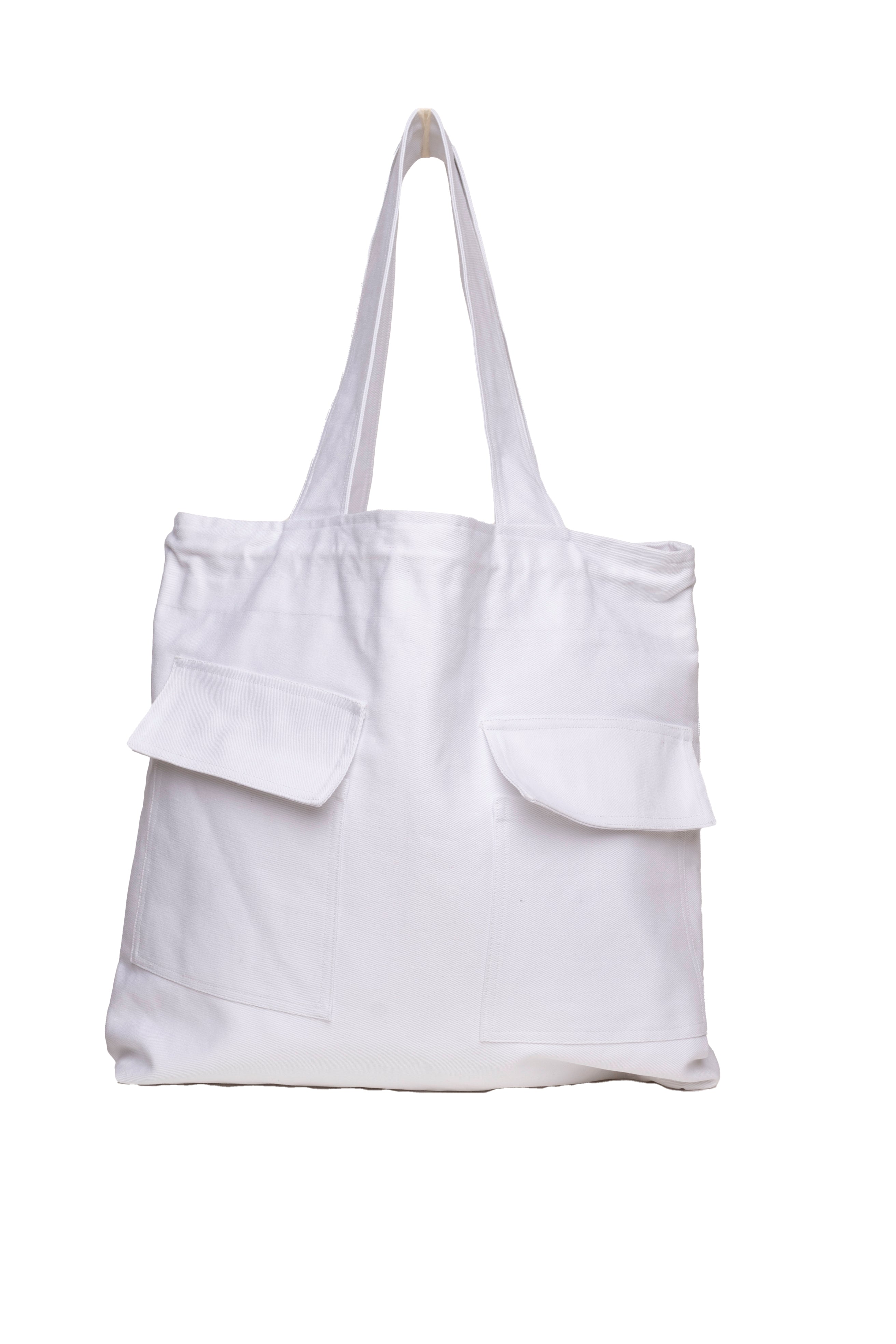 Tokyo - Large Tote Bag White Denim with Side Pockets