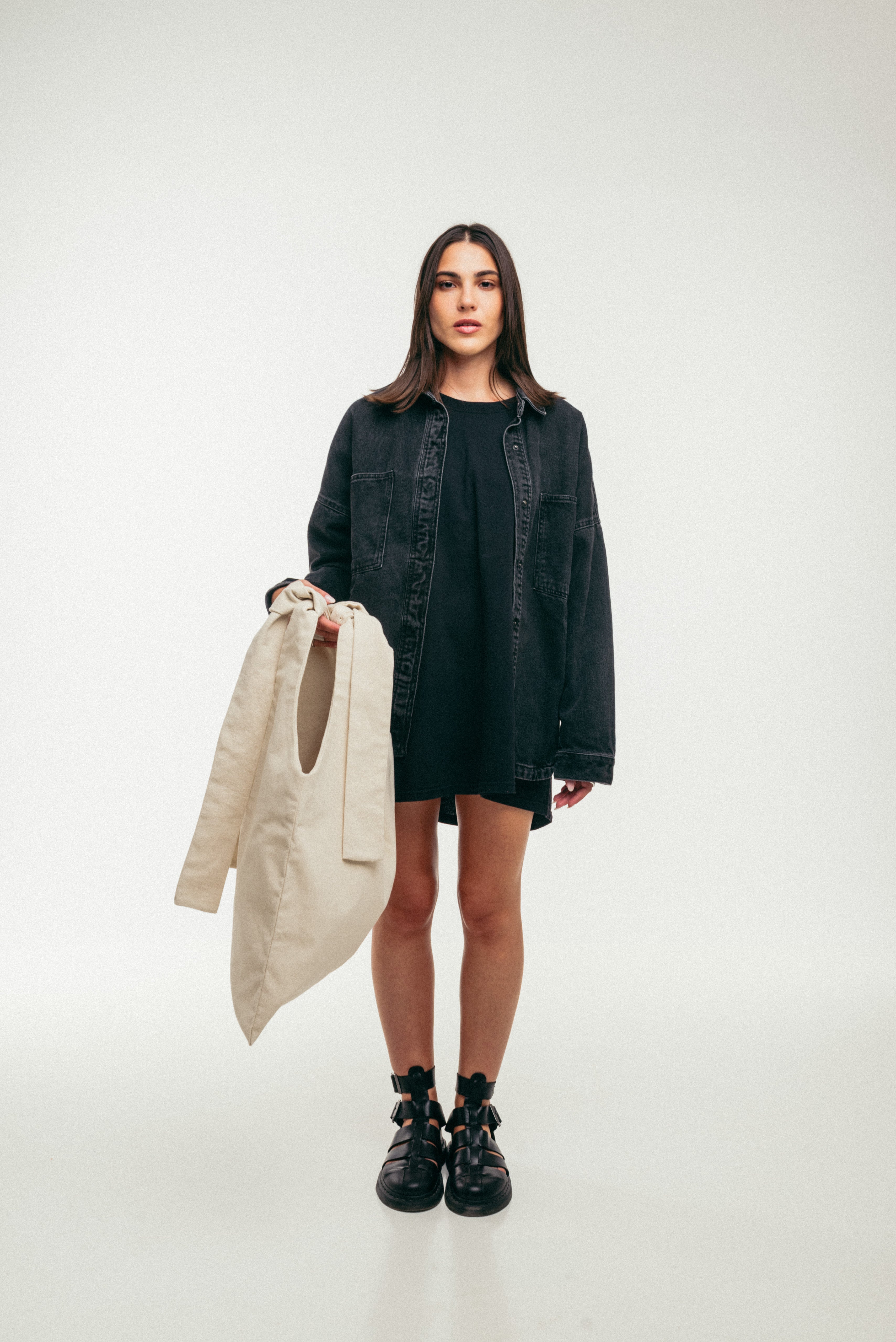 Grid - Large Tote Bag Ecru Canva with Multiform Handles