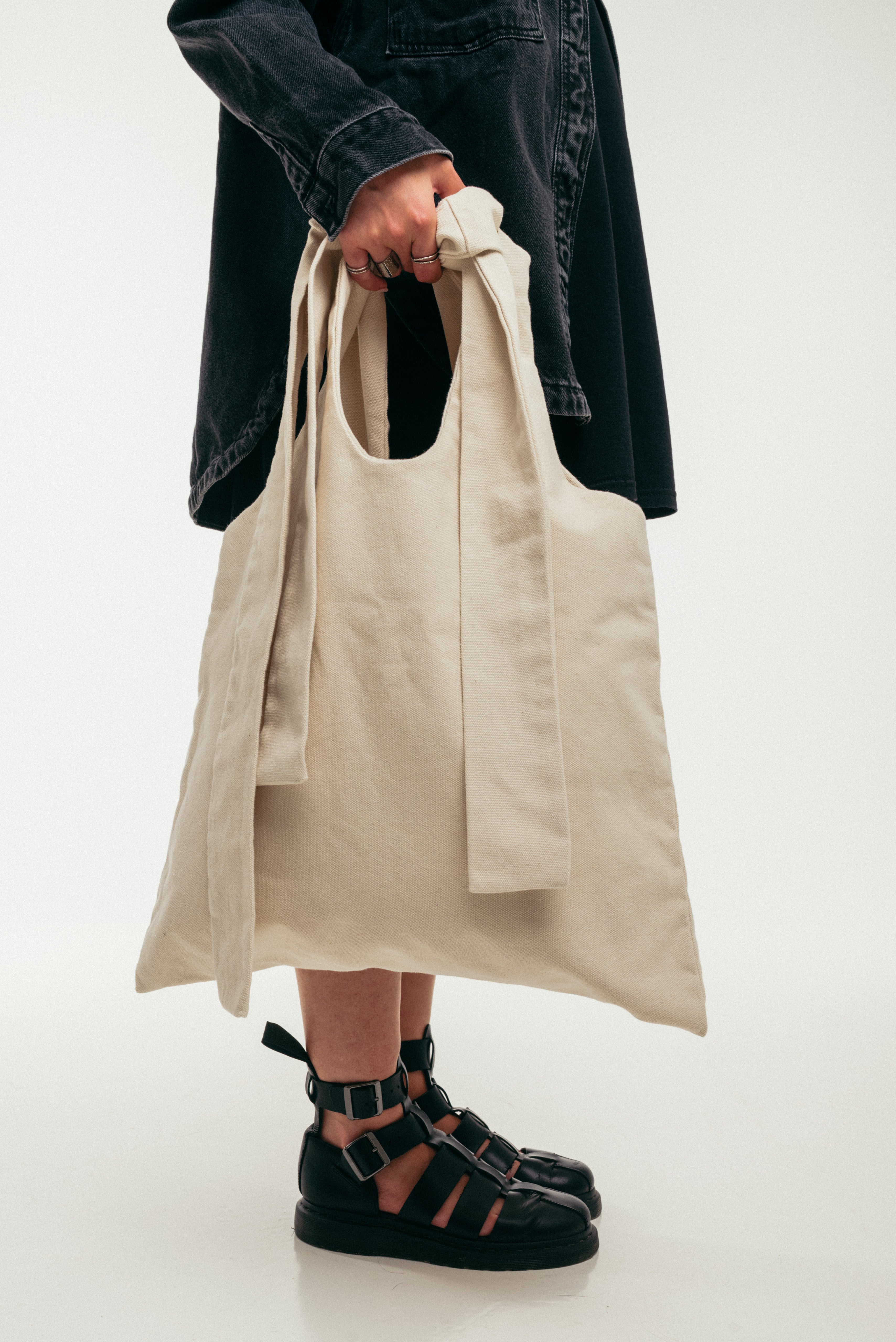 Grid - Large Tote Bag Ecru Canva with Multiform Handles
