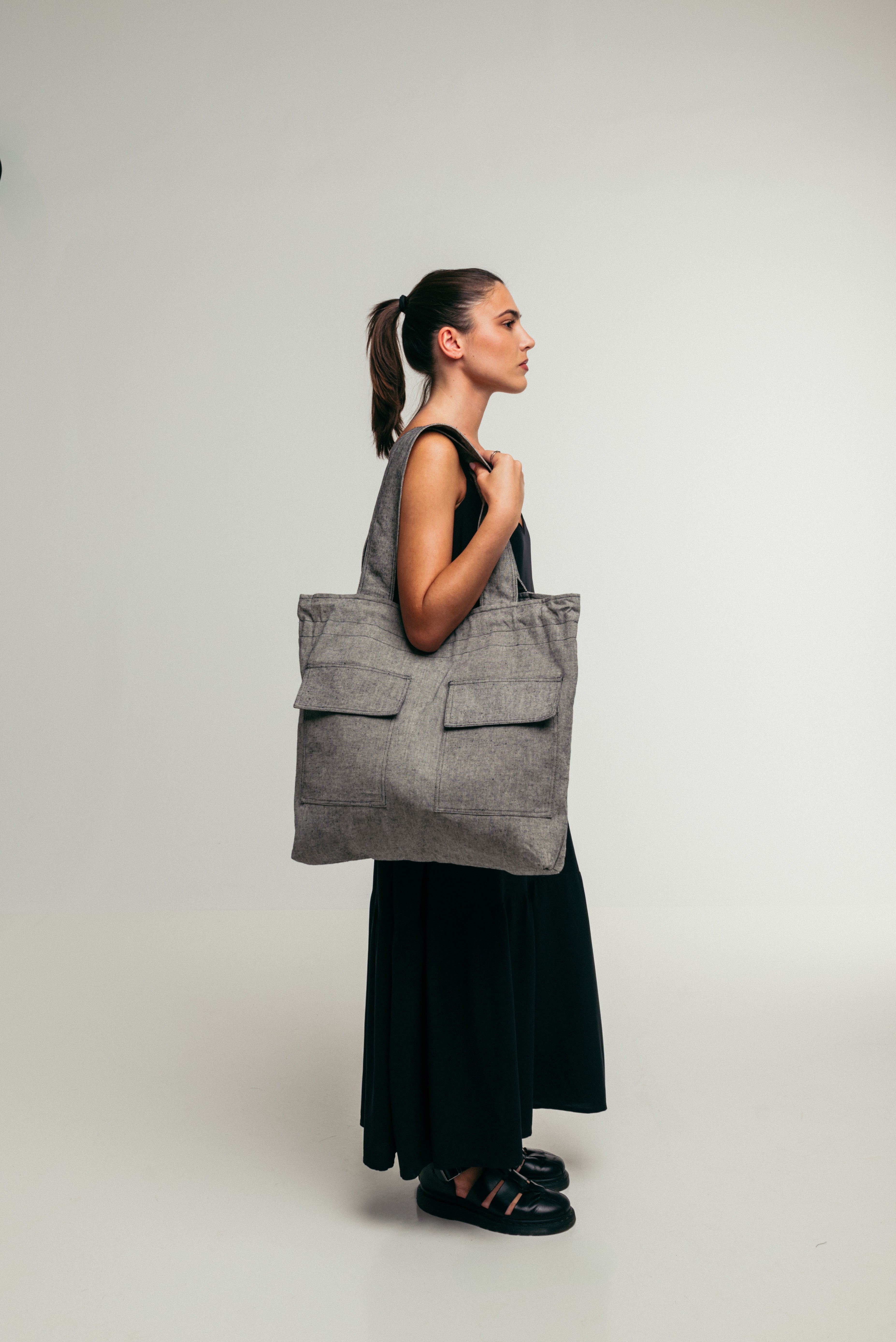 City Tote - Large Tote Bag Cotton Grey with Side Pockets