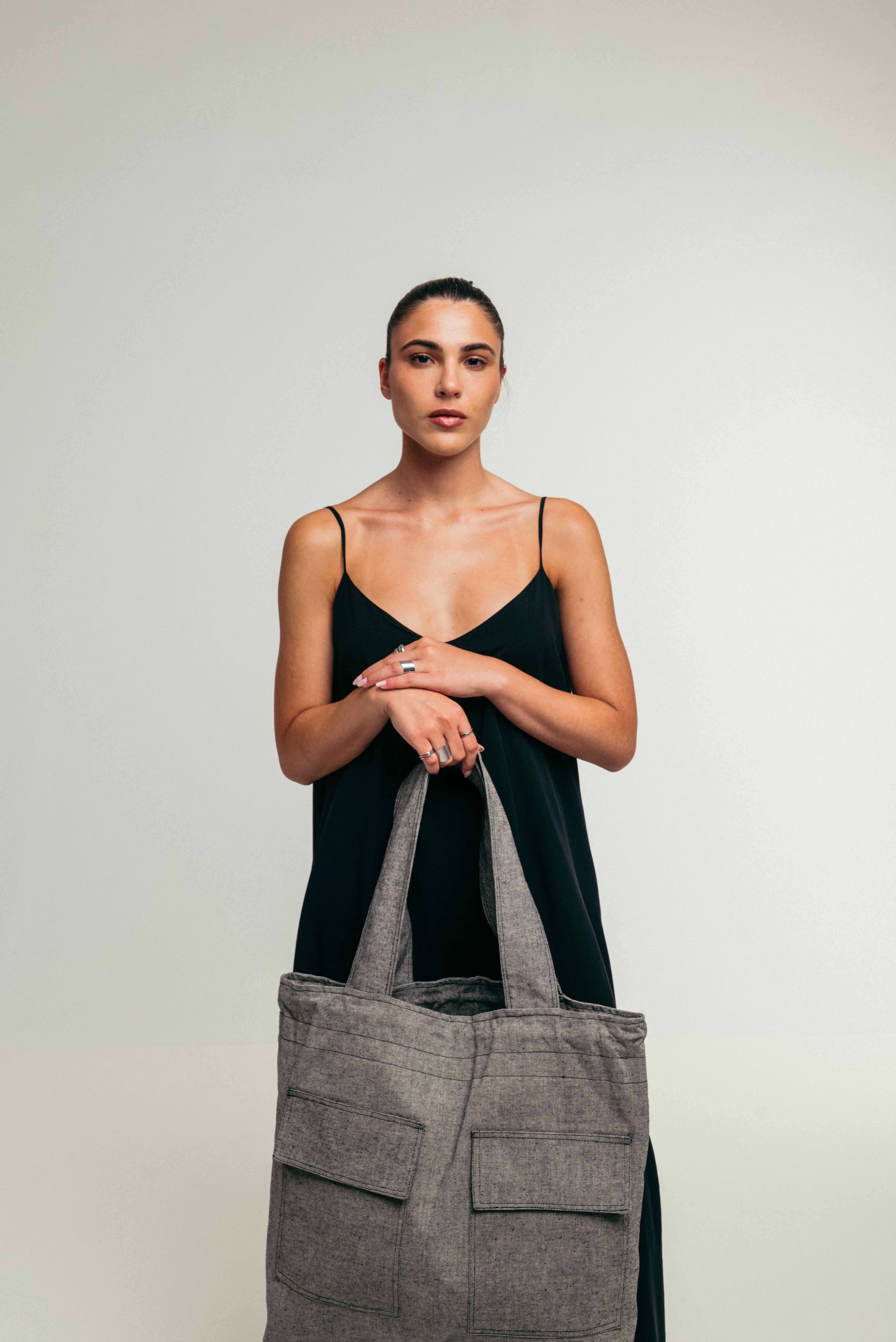 City Tote - Large Tote Bag Cotton Grey with Side Pockets