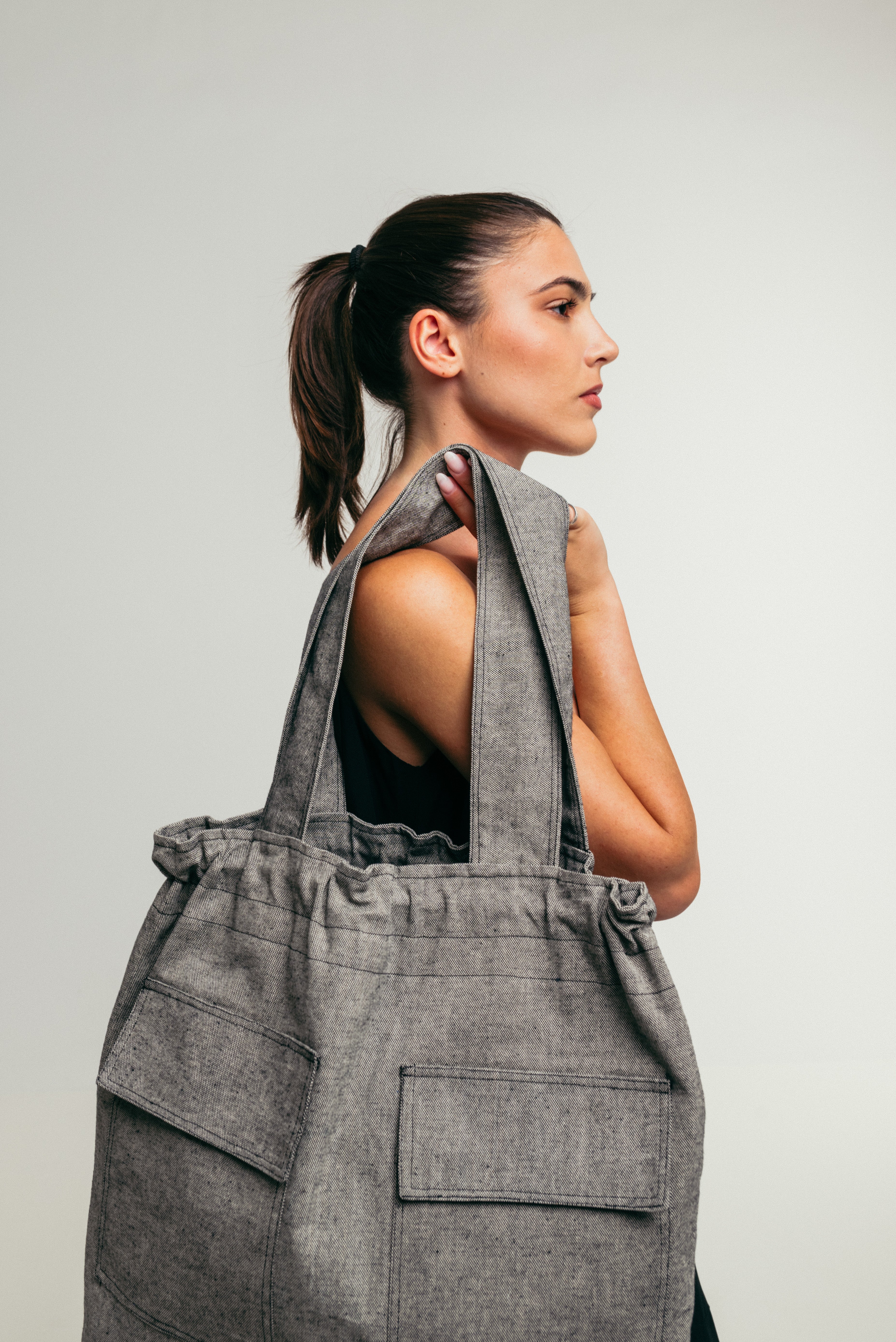 City Tote - Large Tote Bag Cotton Grey with Side Pockets