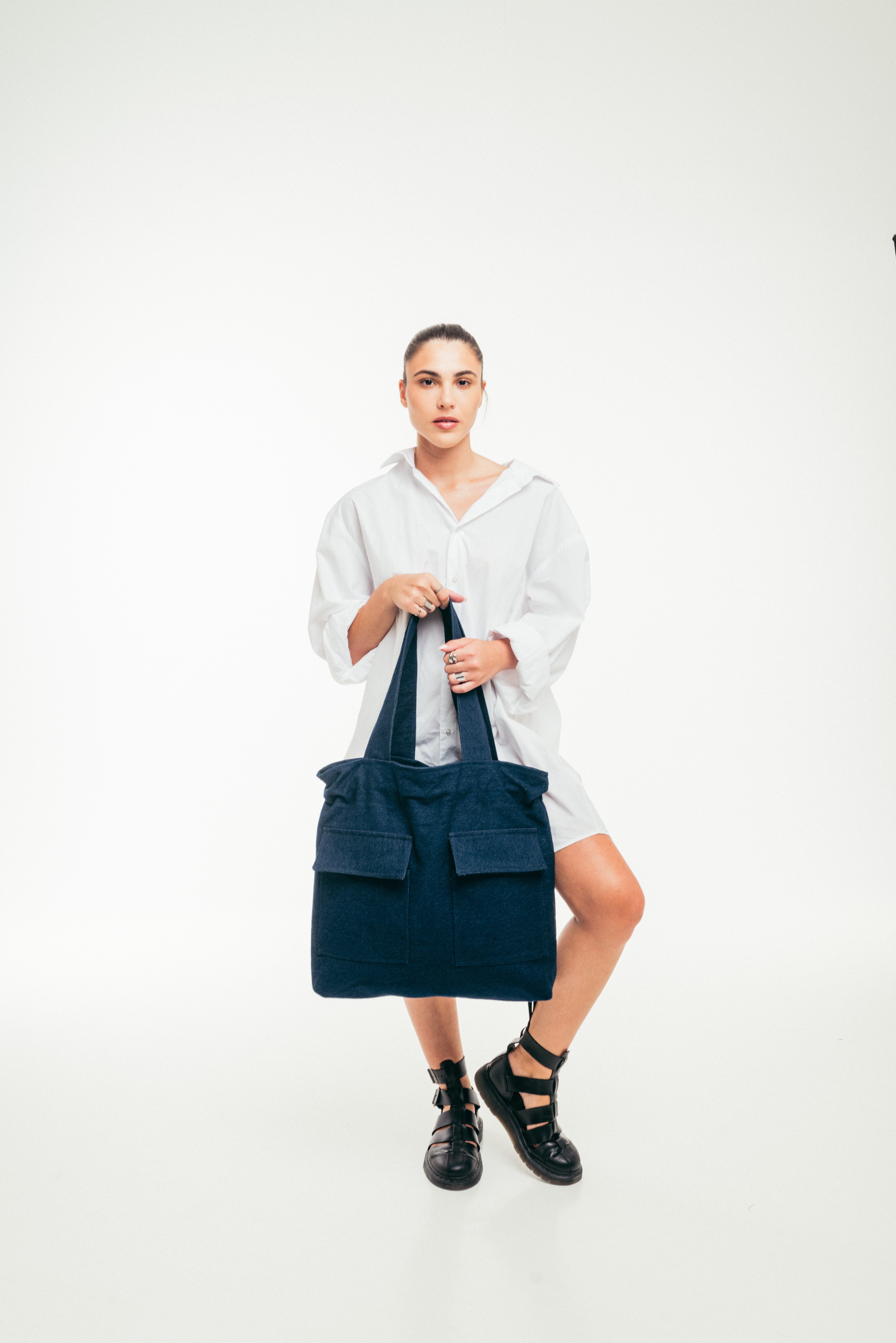 Deep Blue - Large Tote Bag Dark Blue Denim with Side Pockets