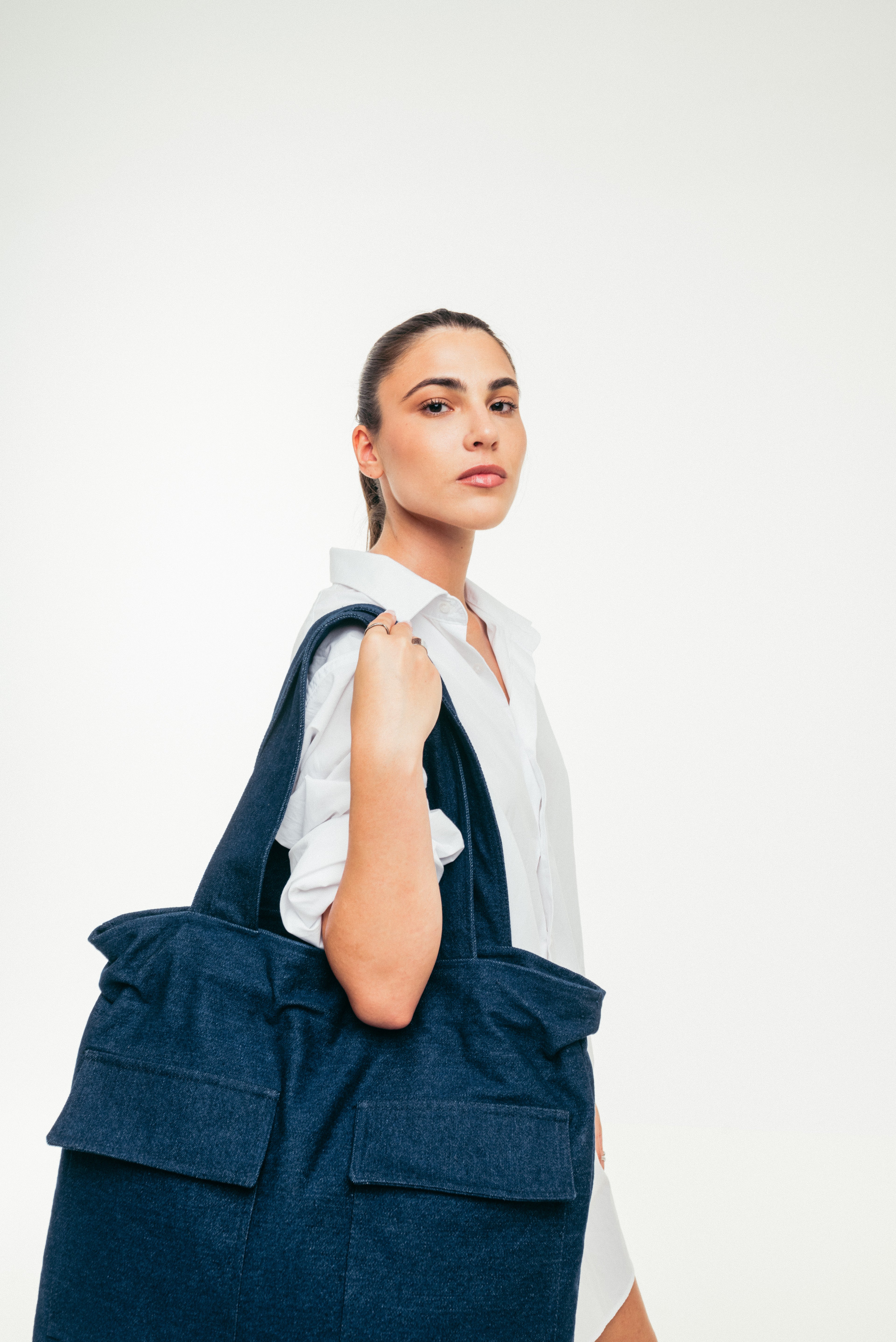Deep Blue - Large Tote Bag Dark Blue Denim with Side Pockets