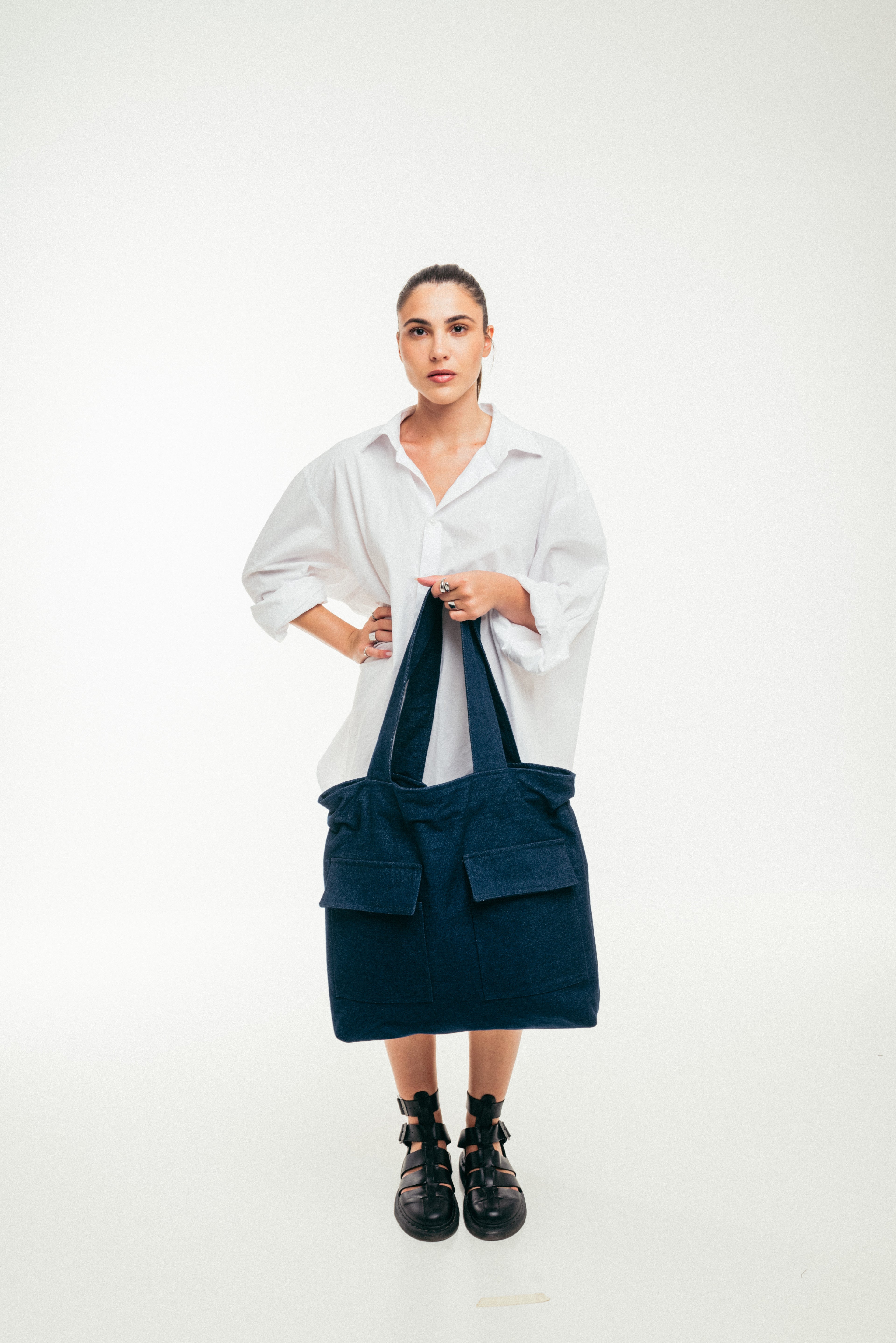 Deep Blue - Large Tote Bag Dark Blue Denim with Side Pockets