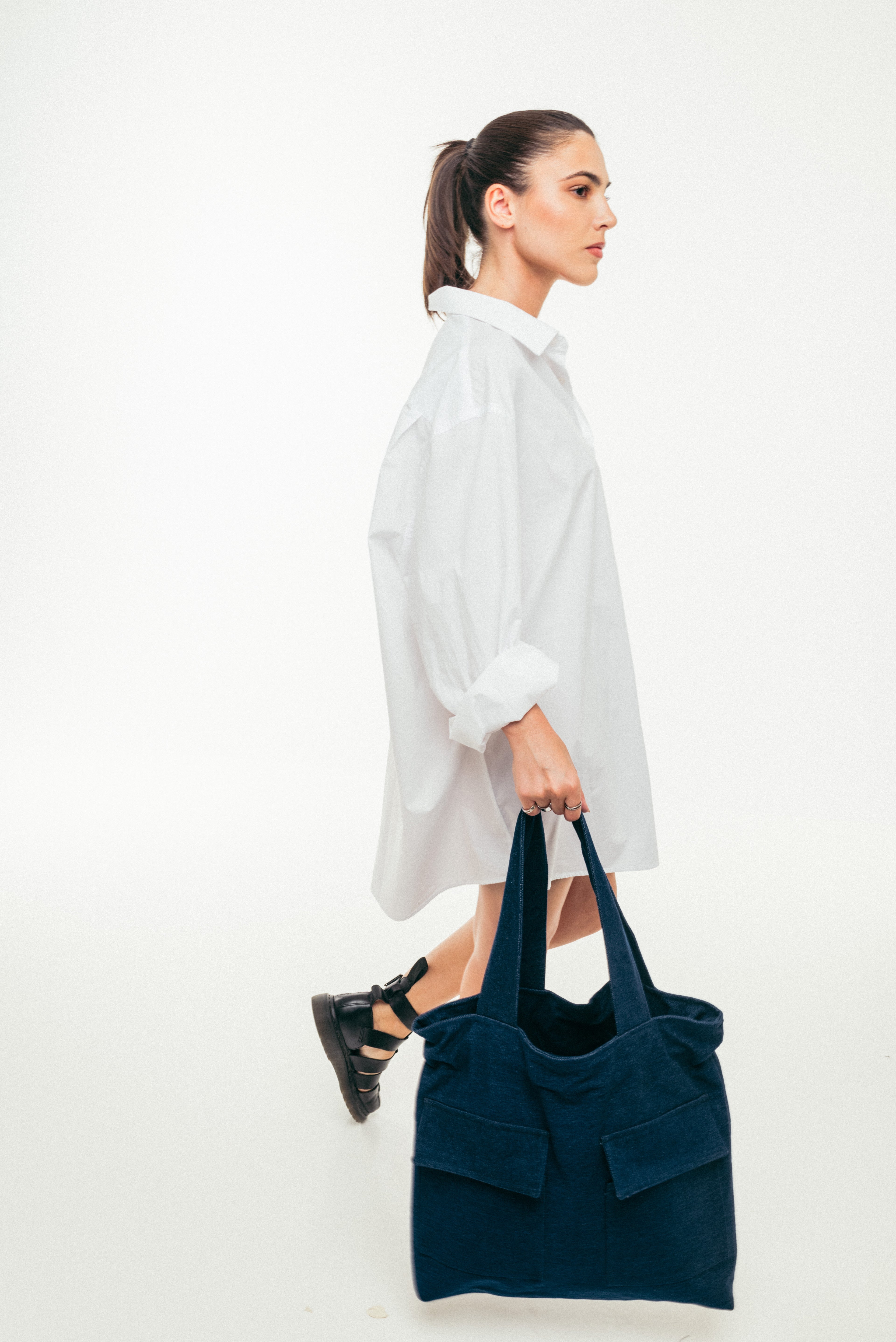 Deep Blue - Large Tote Bag Dark Blue Denim with Side Pockets